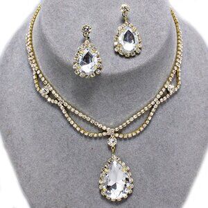 Gold Crystal Rhinestone Necklace Earrings Prom Formal Bridal Wedding